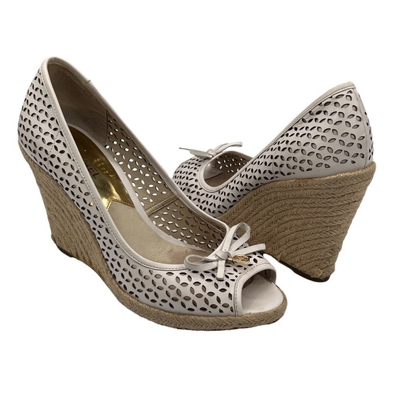 MICHAEL Michael Kors White Olivia Peep Toe Espadrille Wedge Heels Size 8 1/2 - Picture 1 of 9